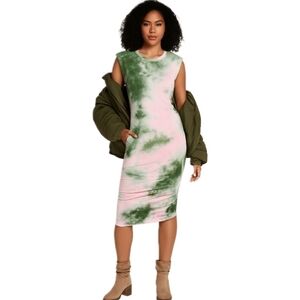 Pink Green Tie-Dye Ruched Midi Dress NWT